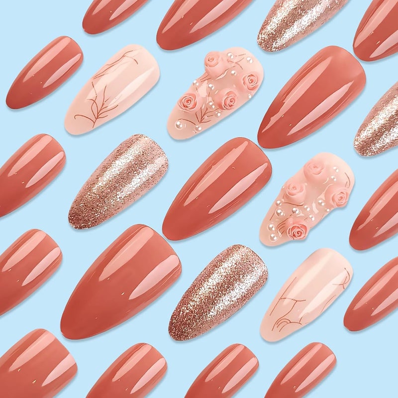 ASABITE 24 Pcs Pink Valentine’s Day Press on Nails Almond Medium Fake Nails with Glue 3D Flower False Nails with Pearl Design Glitter Full Cover Valentines Nails Reusable Stick on Nails for Women Spring Nails - Image 3